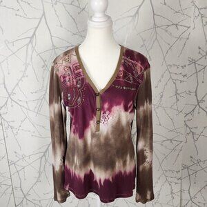 Marc Aurel Tie Dye Beaded Ribbed V-Neck Henley Top
